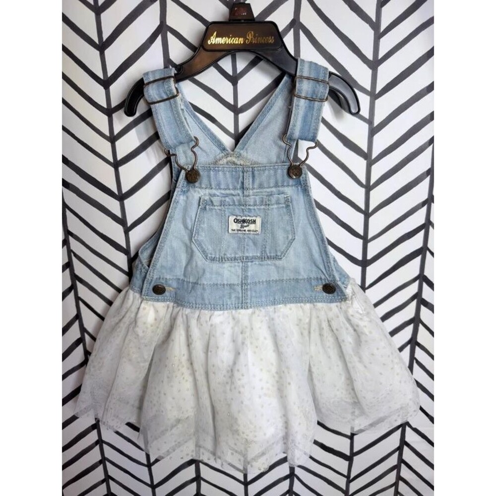 Oshkosh B’Gosh Blue White Gold Sparkly Overall Dress Baby Girls 12-18M 7125